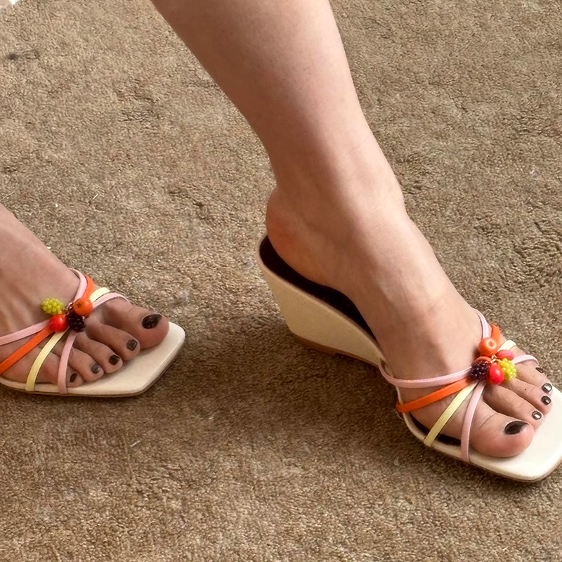 Sheepskin Version~ Retro Fruit-Colored One-Strap Wedge-Heeled Slippers for Women, Casual Square-Toe Slip-On Sandals for Outdoor Wear