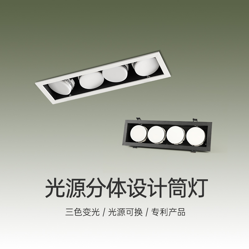 LED tube hole lamp built-in light luxury shop hall sleeping room four-head personality three-color dimming bold box lamp