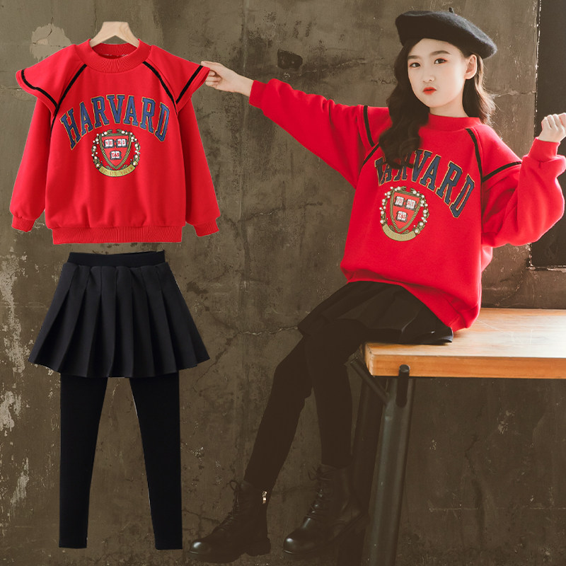 Girls spring dress plus velvet 2022 new net red 12 middle-aged boy Western style autumn sweater suit 15 years old