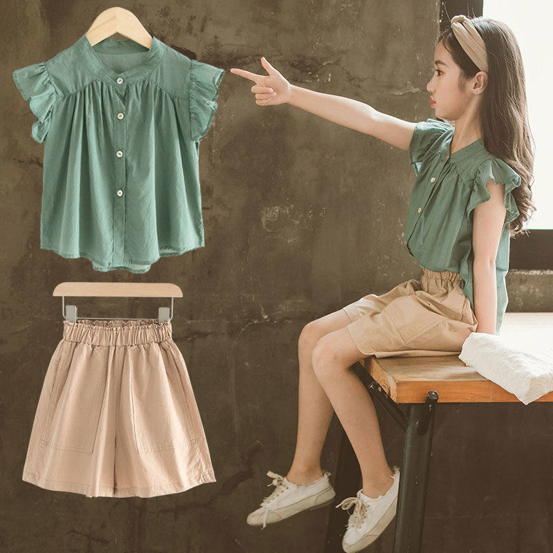 Girls summer clothes 2022 new Korean version of the Western style fashion suit summer children's suit big children's fashion short-sleeved two-piece suit