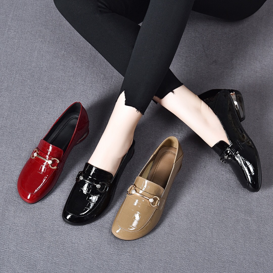 2022 New Spring Summer Women's Shoes Soft Leather Flat Bottom Single Shoes Female Coarse Heel Low Heel Genuine Leather Lefu Shoes Soft Bottom Bean Bean Shoes
