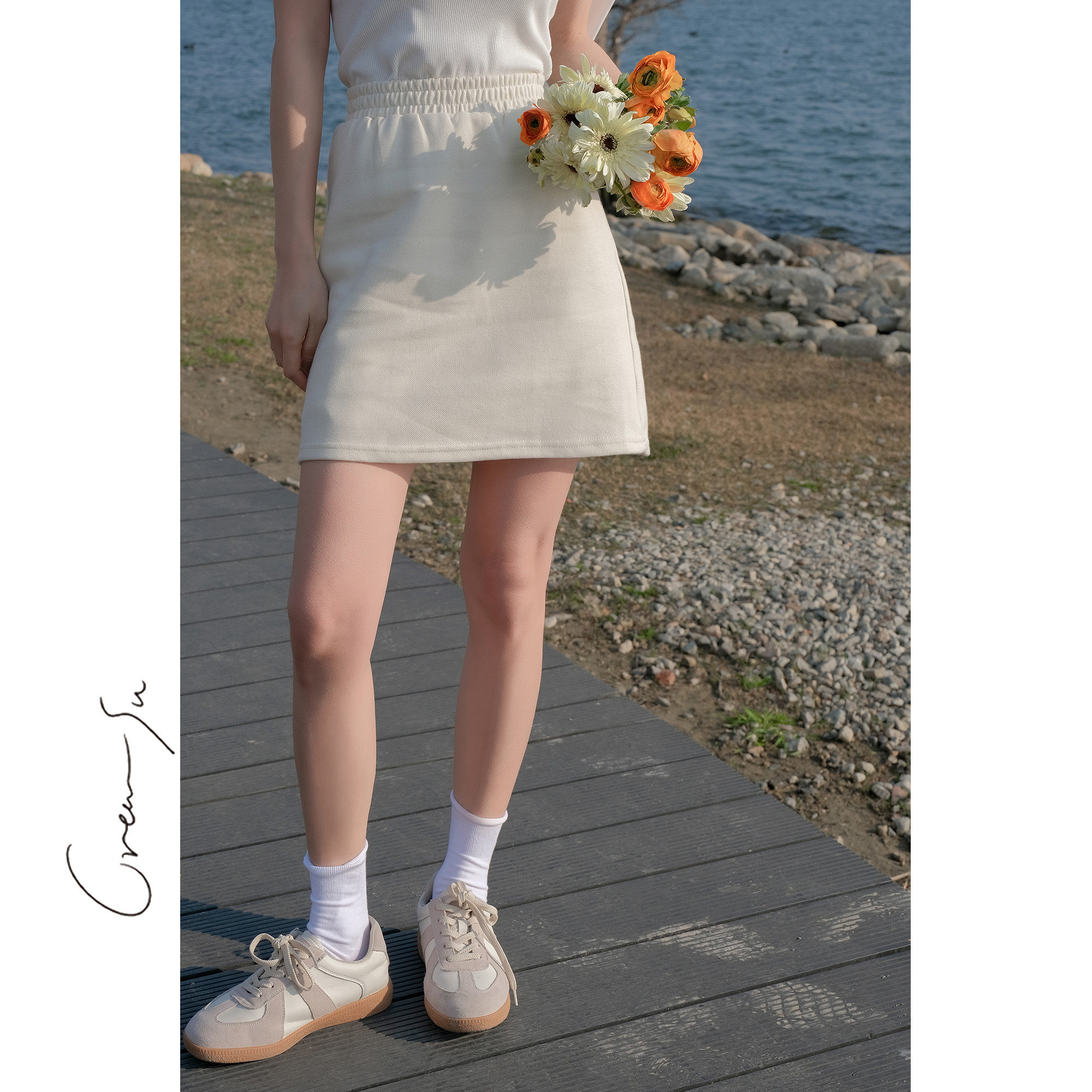Creamsu white beige skirt female loose spring and summer casual skirt slim elastic high waist a-line skirt
