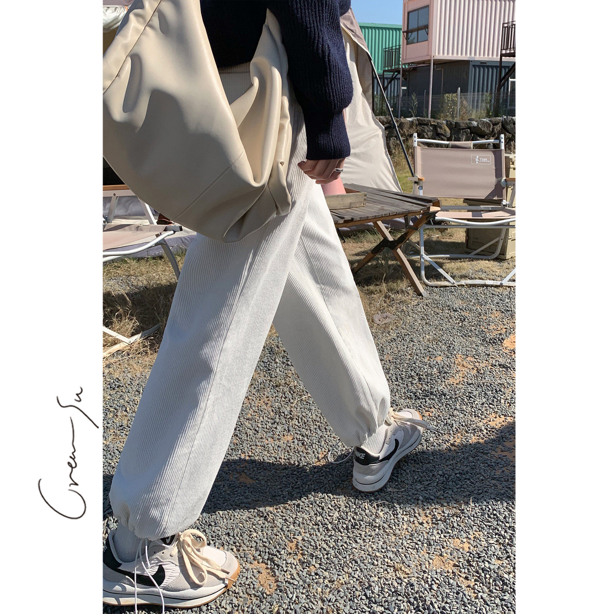 Creamsu Xubai Corduroy Straight Leg Pants Women's 2021 Spring Korean Style Loose Casual High Waist Beamed Foot Harem Pants