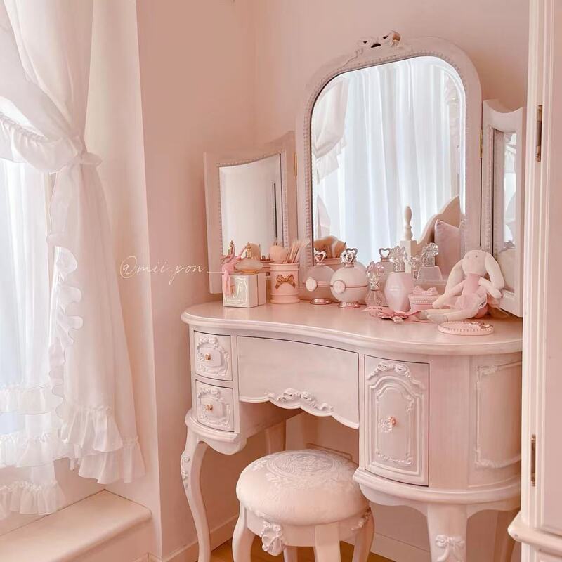 French-Style Solid Wood Pink Bedroom Pink Princess-Style Dressing Table American-Style Carved Mirrored Makeup Table Combination Furniture