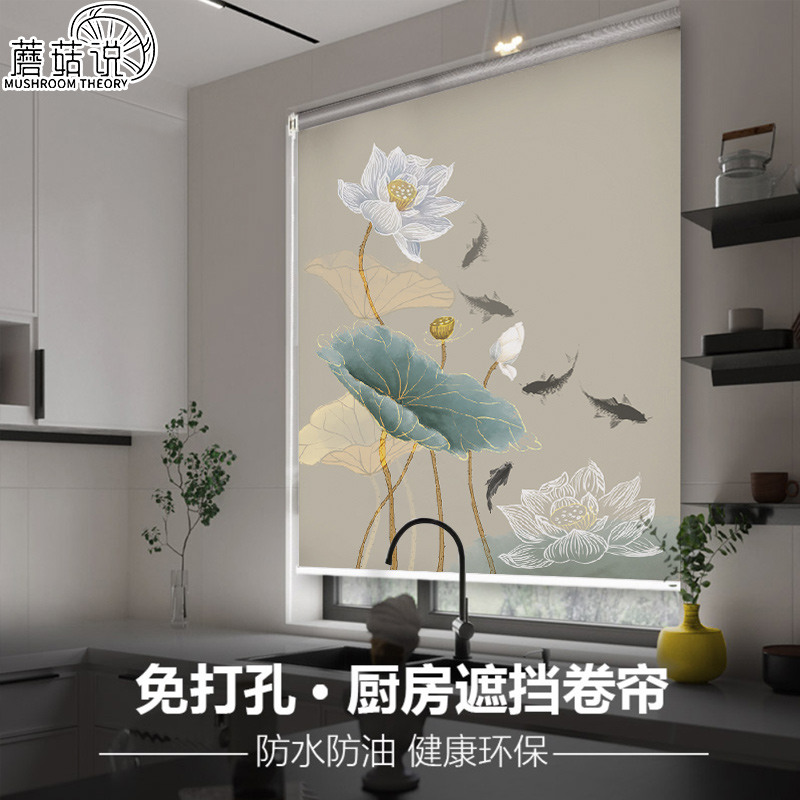 Perforated roller blind blinds shade 2024 new kitchen washroom waterproof shielded lifting curly-pull sunshade-Taobao