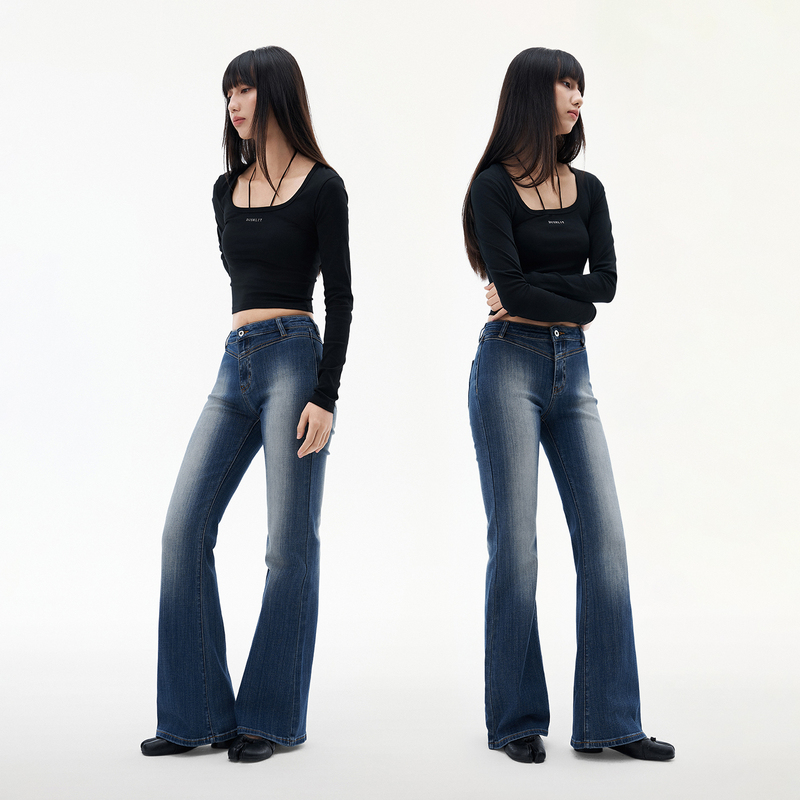 Dusklit Deep Sea Blue Mid-Waist Flared Jeans Women's Skinny Pants Slim Fit Floor-Length Bell-Bottom Pants Autumn and Winter