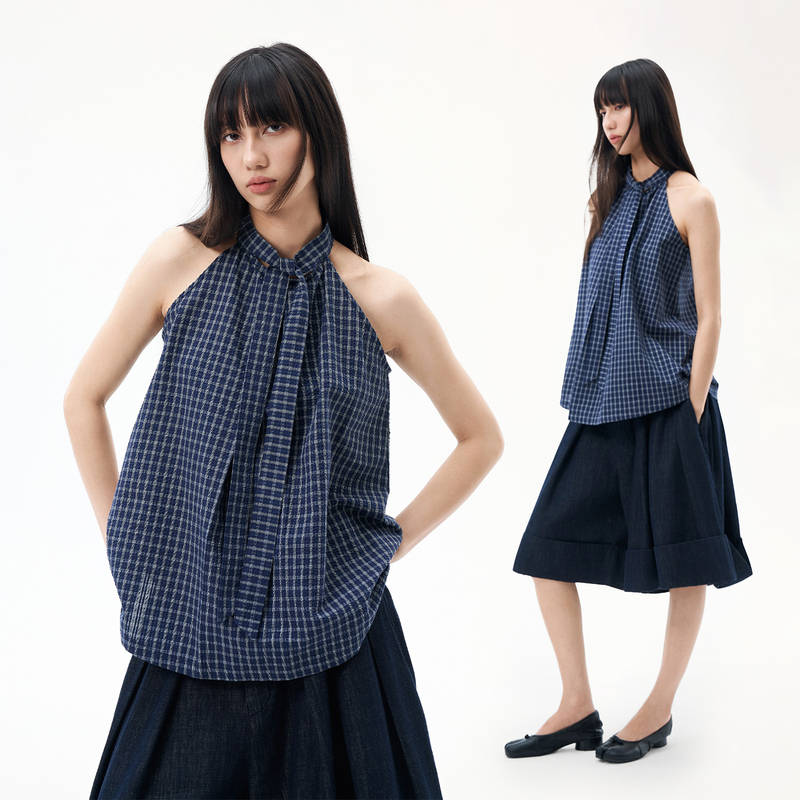 Dusklit Blue Plaid Halter Neck Camisole for Women, Summer Loose Casual Plaid Sleeveless Top