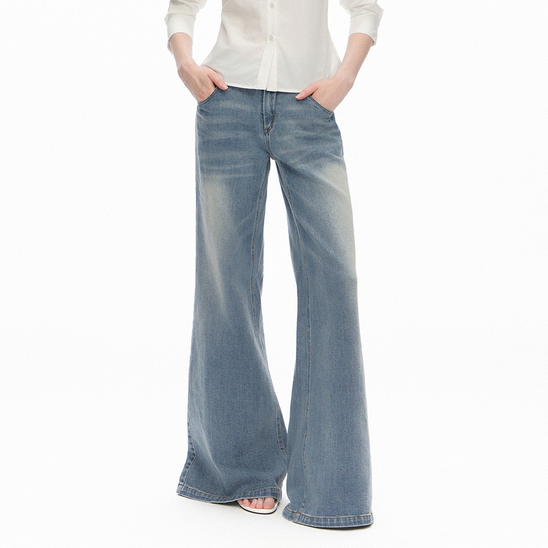 Cyni【Four Seasons Collection】Light Blue Cat's Whiskers Washed Low-Waist Straight-Leg Flared Jeans Slimming Versatile Long Pants
