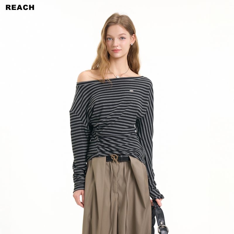 Reach Off-Shoulder Striped Long-Sleeve T-Shirt for Women, New Spring Casual Loose Slimming Design, Stylish Shoulder-Baring Top
