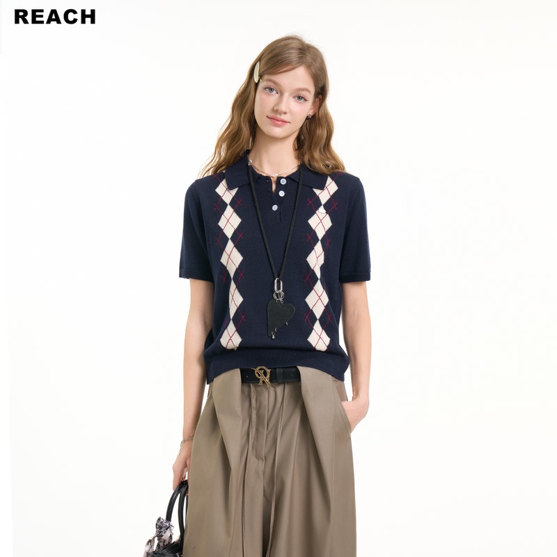 Reach Design-Inspired Retro Diamond-Pattern Polo Collar Short-Sleeved Knit Top for Women, New Spring/Summer Loose and Versatile Top Reach Design-Inspired Retro Diamond-Pattern Polo Collar Short-Sleeved Knit Top for Women, New Spring/Summer Loose and Versatile Top