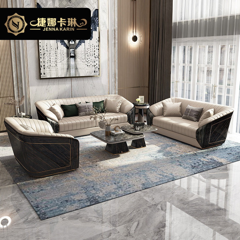 Italian light luxury leather sofa high-end villa Dapingshu living room solid wood furniture simple luxury postmodern sofa