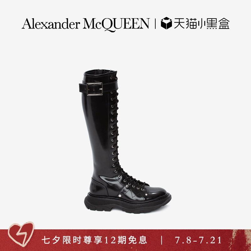 7 New Year's Eve: ALEXANDER MCQUEEN Alexander McQuinn woman black bright face lacing thick bottom long cylinder boot