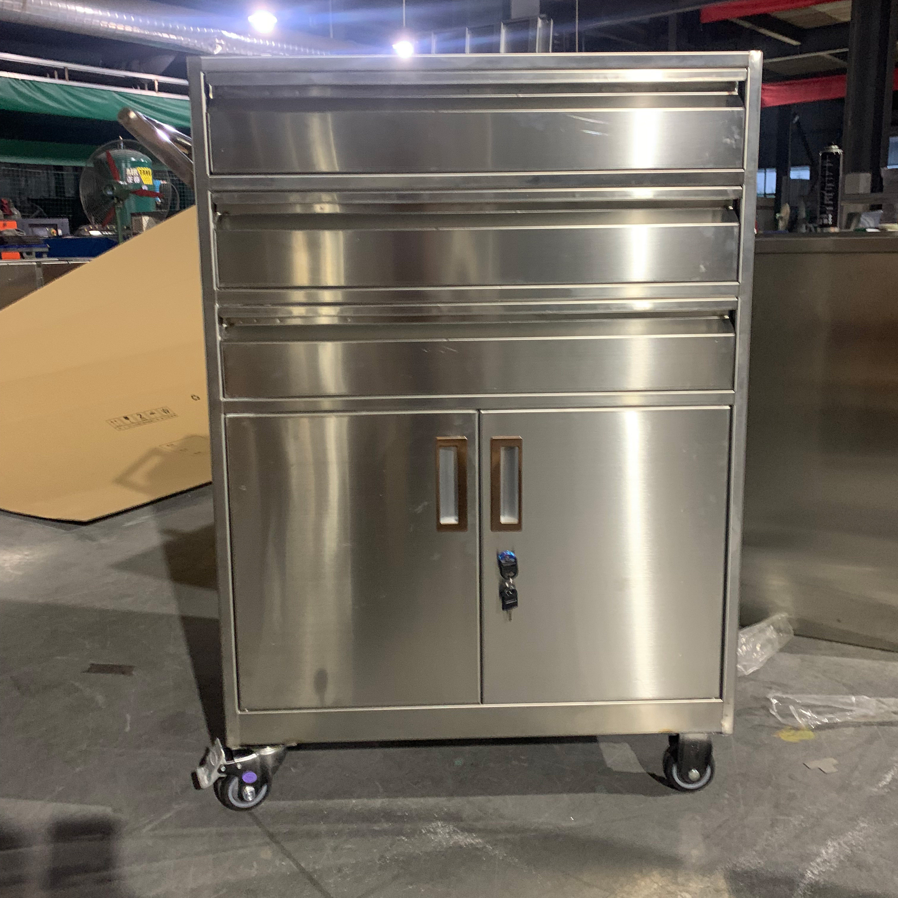 定制304不锈钢三斗工具柜双开门零件储物柜工厂万向轮工具箱加厚