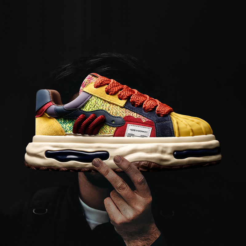 Rainbow Planet Shell-Toe Dissolving Shoes, Same Style as Chen Guaishi, Japanese-Style Color-Blocking Thick-Soled Woven Sneakers for Men, Niche Trendy Brand