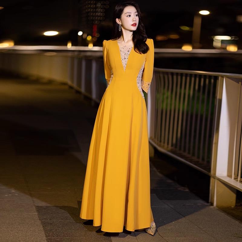 Yellow Evening Dress 2026 New Style Light Luxury Niche High-End Elegant Wedding Banquet Long-Sleeve Hostess Long Dress for Women Winter