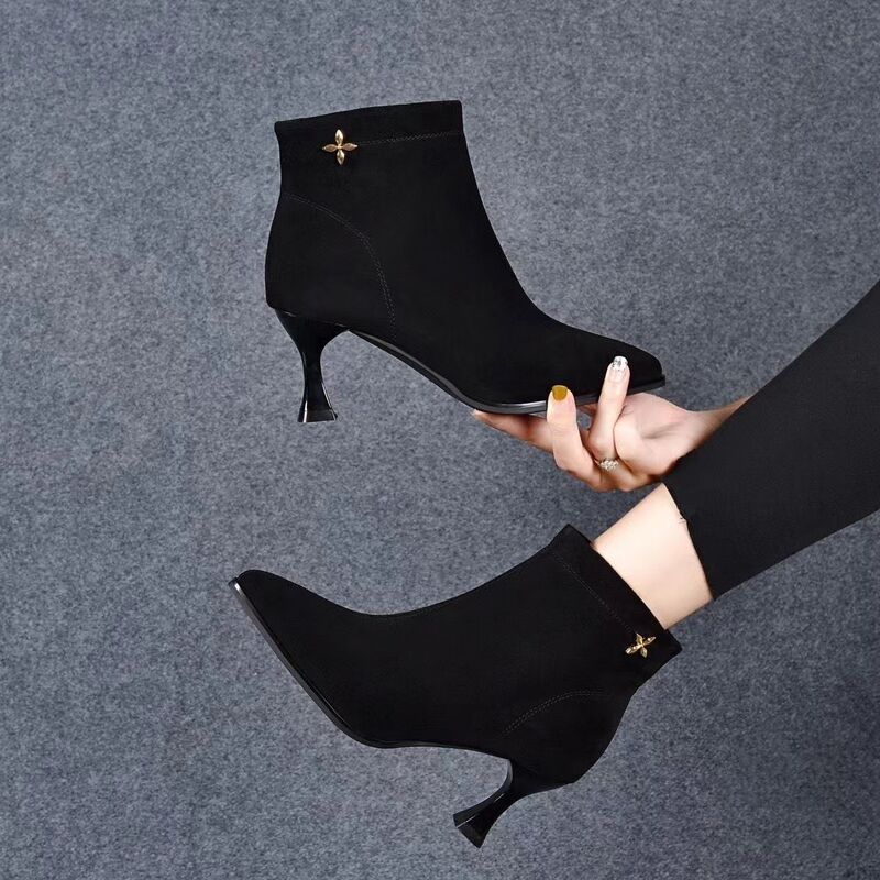 Brand Clearance Women's Shoes Suede Short Boots 2026 New Style Elegant High Heels Women's Thin Heel Pointed Toe Slim Boots Brand Clearance Women's Shoes Suede Short Boots 2026 New Style Elegant High Heels Women's Thin Heel Pointed Toe Slim Boots