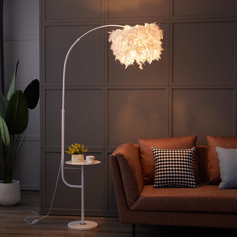 Feather lamp floor lamp floor lamp Living room Bedroom Ins Wind Girl Princess Fishing Light Nordic Creative Nets Red Bedside Table Lamp