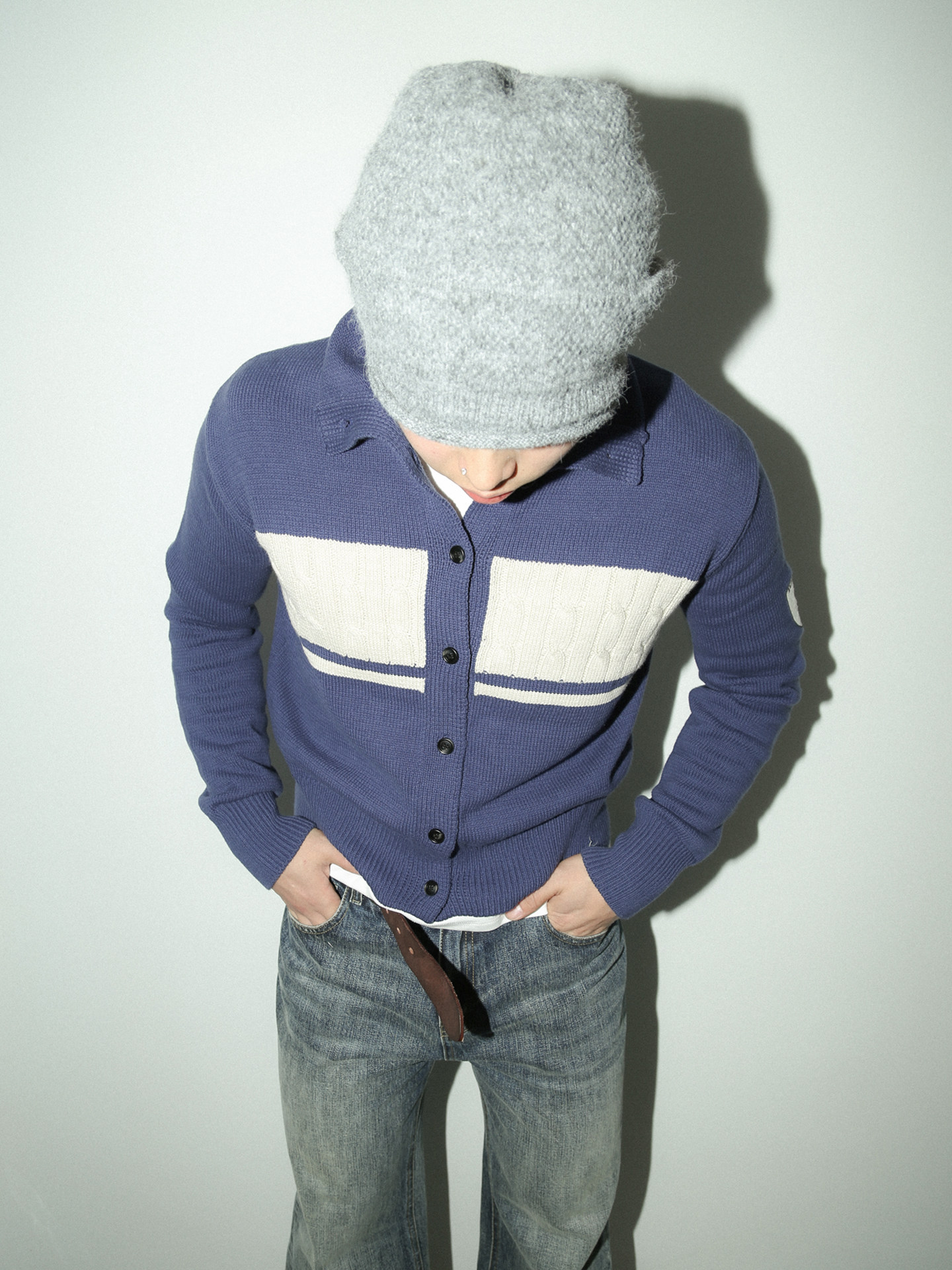 TREclub 300g Blue White Cable Knit Half Turtleneck Sweater