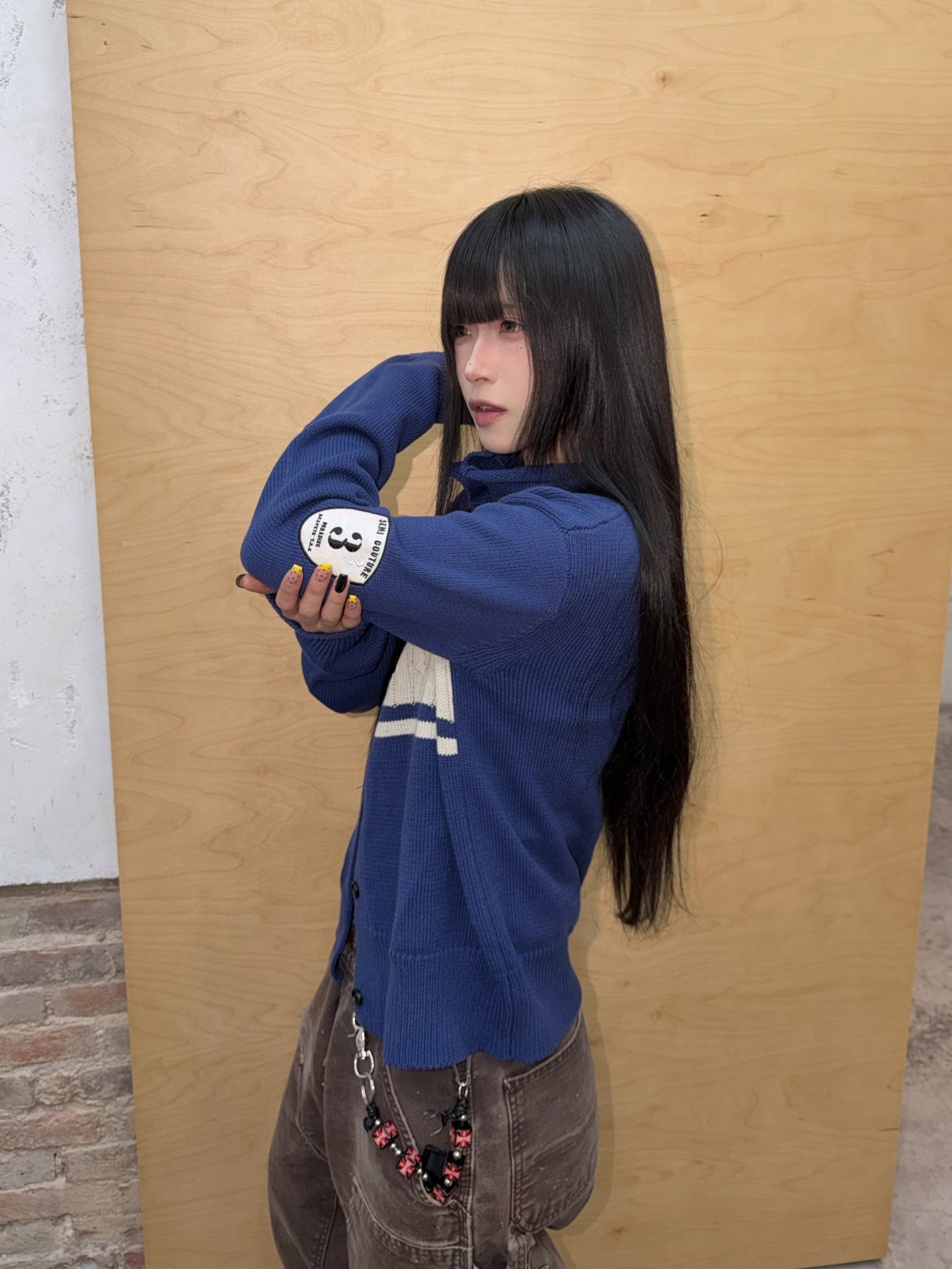 TREclub 300g Blue White Cable Knit Half Turtleneck Sweater