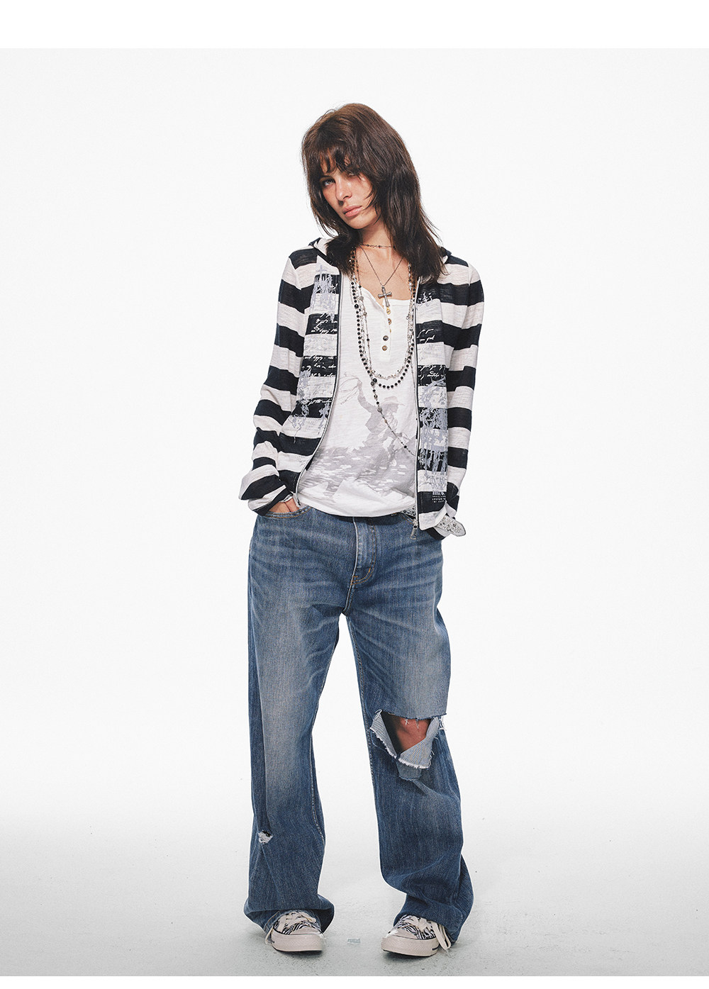 TREclub Black White Striped Zip-Up Jacket