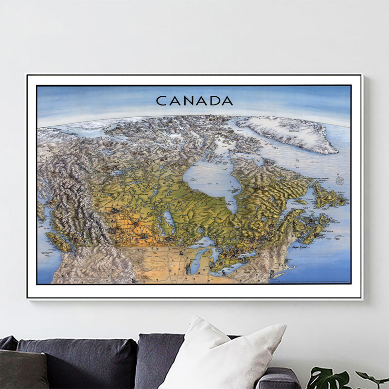 Canadian Aerial Hand-Drawn Map Decorative Painting Canada's Topography, Geography, Cities, Highways, Travel Guide Hanging Painting