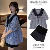 Pregnancy Woman Dress Summer Suit Slim Fit Short Sleeves Dress Blouse Blouse Net Red Loose Reduction Age Two Sets Fashion Little Subs