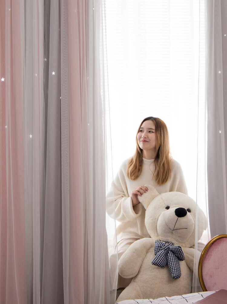 Powder curtain princess room decoration warm dream bedroom yarn hollow double layer with yarn net Red star 2020 popular