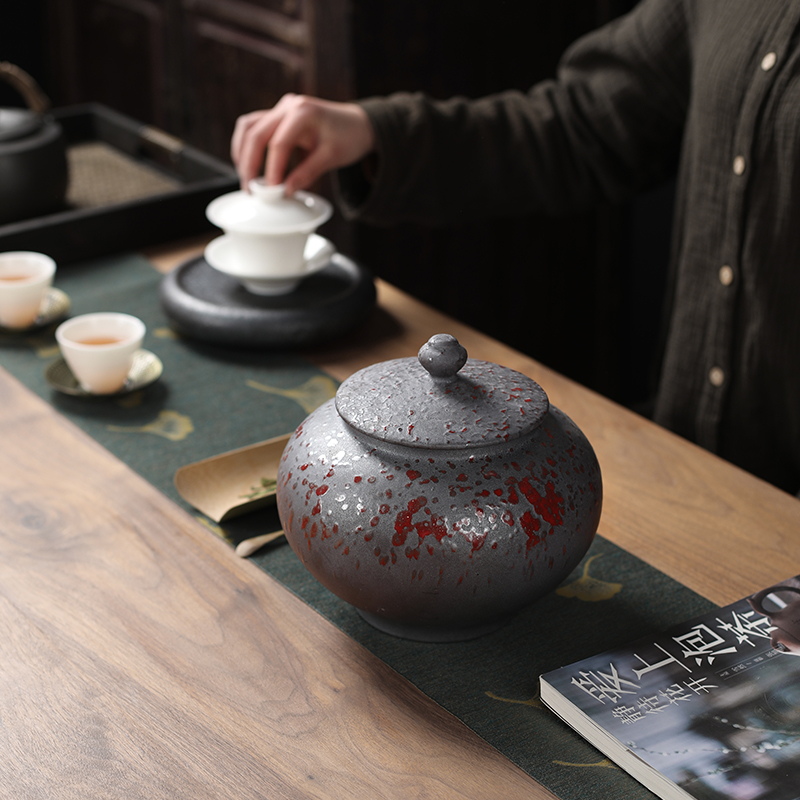 Rust glaze porcelain jars caddy fixings retro Chinese seal coarse pottery storage tank large support customize LOGO