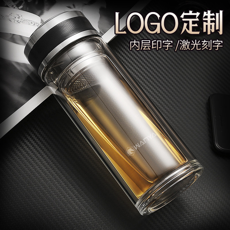 Double-layer glass custom logo tea cup printing glass cup transparent custom event gift advertising cup custom