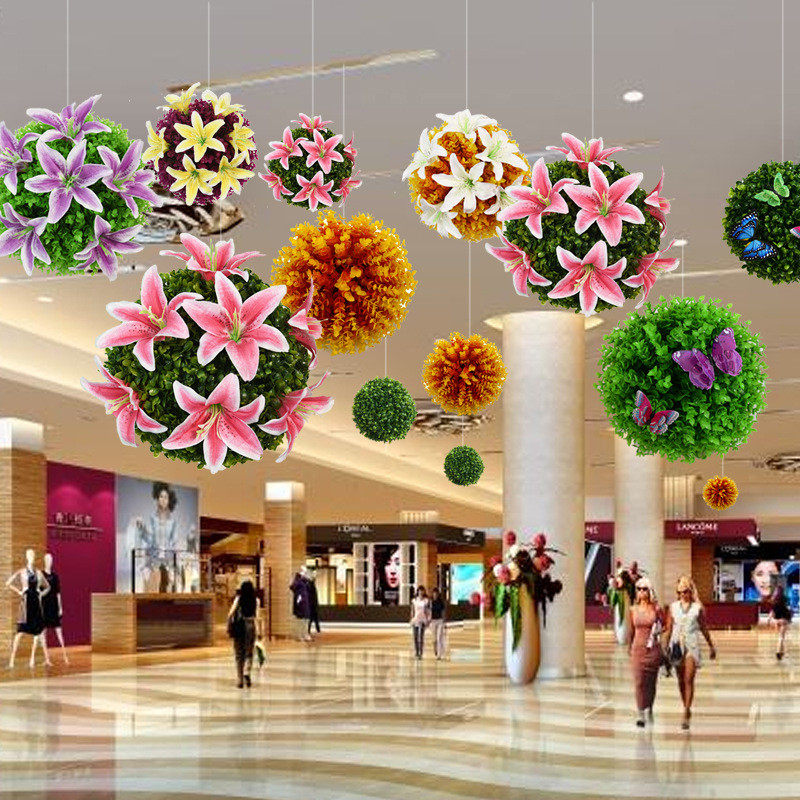 Simulation plant green flower and grass ball hanging decoration Kindergarten school mall Supermarket Festival Active Suspended Ceiling Arrangement Material