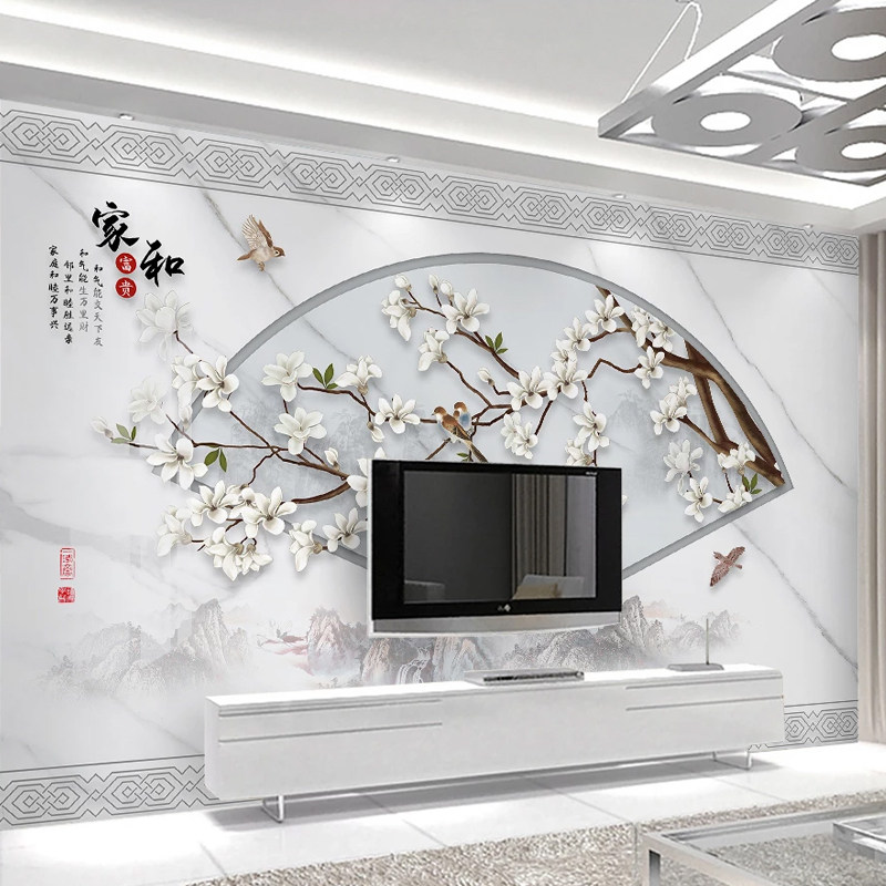 Customize modern minimalist TV background wall fiberboard 5D Stereo jade Orchid Bird 8d Classroom Chinese Wind