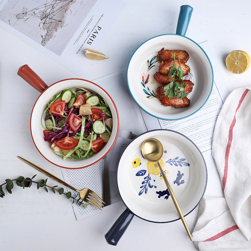 Creative tinyhome Japanese handle bowl of fruit salad bowl ceramic tableware household breakfast bowl of beef noodles in soup bowl bowl