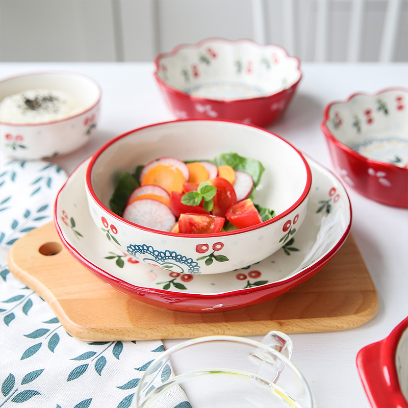 Japanese hand - made ceramic cherry bowl of creative household bowl dish plate of fruit salad bowl of cereal for breakfast bowl bowl suit