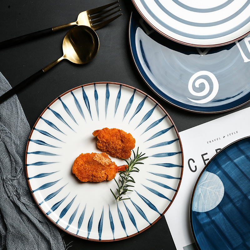 Tinyhome Japanese ancient ceramic tableware flat dish plate household western food steak plate posed the disc plate