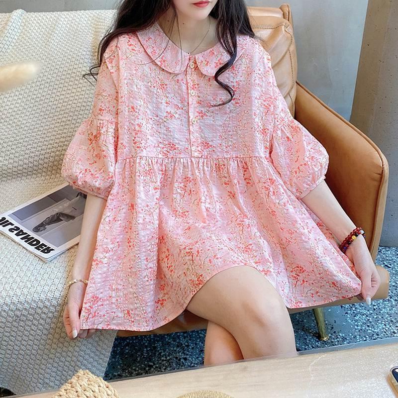Wholesale Clearance Women's Summer Korean-Style Loose Sweet Floral Lantern Sleeve Puffy Cotton Linen Doll Collar Shirt Wholesale Clearance Women's Summer Korean-Style Loose Sweet Floral Lantern Sleeve Puffy Cotton Linen Doll Collar Shirt