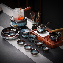 Inlaid with gilt silver Gongfu tea set household kiln Tianmu glaze full set of ceramic side handle teapot teacup teapot teapot teapot teapot