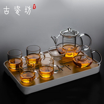 Ancient porcelain square glass tea set set Household living room tea cup Office heat-resistant tea pot Tea tray Kung Fu tea set