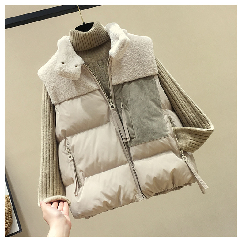 Женская жилетка 潮牌2020秋冬款羽绒棉马甲女短款韩版马夹背心拼接羊羔毛坎肩外套