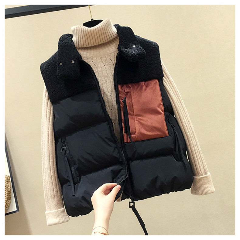 Женская жилетка 潮牌2020秋冬款羽绒棉马甲女短款韩版马夹背心拼接羊羔毛坎肩外套