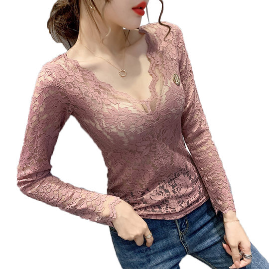潮牌2025秋冬新款高端紧身气质V领蕾丝雪纺衫女内搭洋气加绒小衫