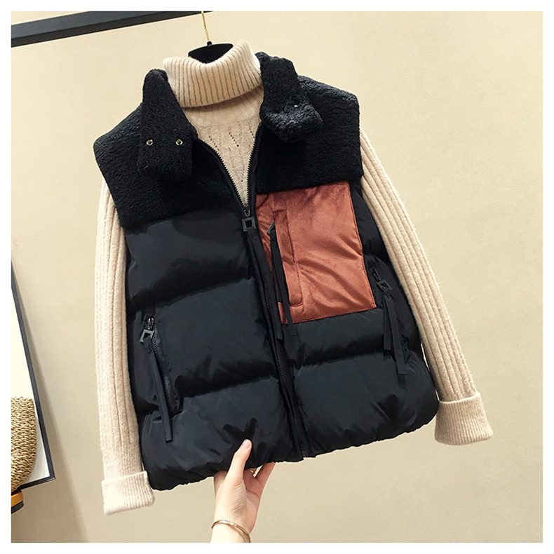Женская жилетка 潮牌2020秋冬款羽绒棉马甲女短款韩版马夹背心拼接羊羔毛坎肩外套