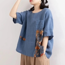 2021 summer new Korean version of cotton linen size womens stitching Joker slim top fat mm belly linen shirt