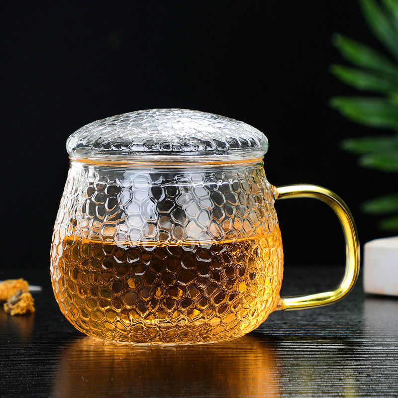 Light Tea Sun-Style Hammer Grain Glass Cup High Temperature Resistant Cup with Thickened Belt Over Filter Bubble Tea Cup Office Drinking Cup