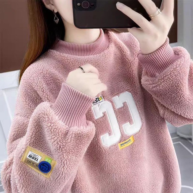 Thick velvet sweatshirt for girls, autumn and winter 2023 new student loose half turtleneck lamb wool top trendy