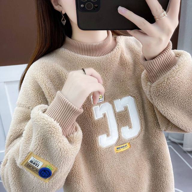 Thick velvet sweatshirt for girls, autumn and winter 2023 new student loose half turtleneck lamb wool top trendy