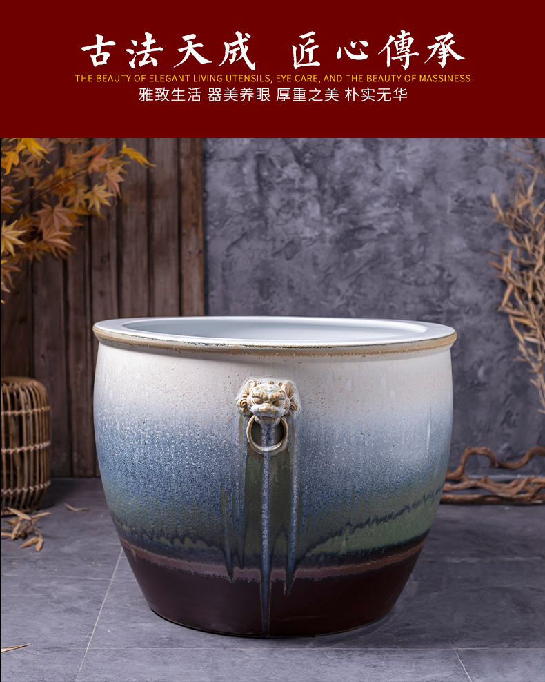 Jingdezhen ceramic aquariums retro coarse pottery flowerpot blackish green, gold tortoise cylinder double lion ear lotus bowl lotus basin