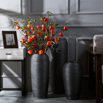 Simple ceramic floor-to-ceiling large vase Chinese flower arrangement living room decoration Jingdezhen black coarse pottery set dry flower vase