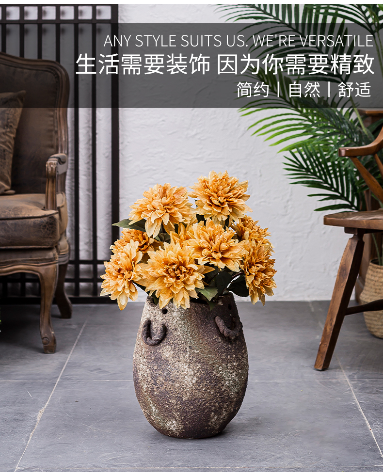 Jingdezhen checking retro thick clay dried flowers floral inserted vase meaty plant large flower pot zen retro home stay facility