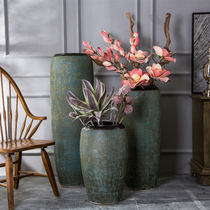 Ceramic floor-to-ceiling large vase Living room flower arrangement Dried flower decoration Hotel opening vintage pottery pot villa window decoration