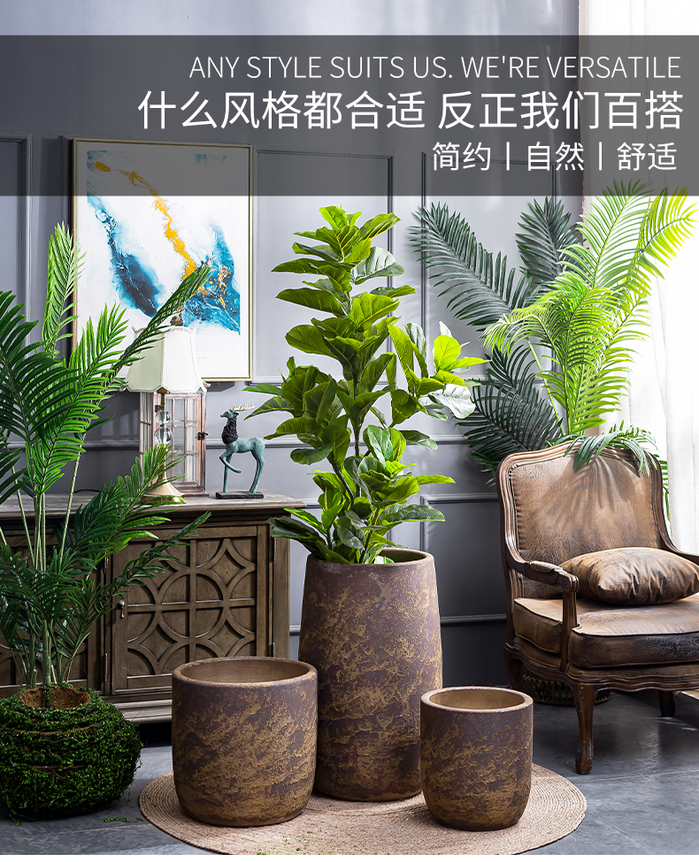 Retro coarse pottery flower vase furnishing articles sitting room interior decoration new Chinese be born ceramic green plant cylinder large flower pot